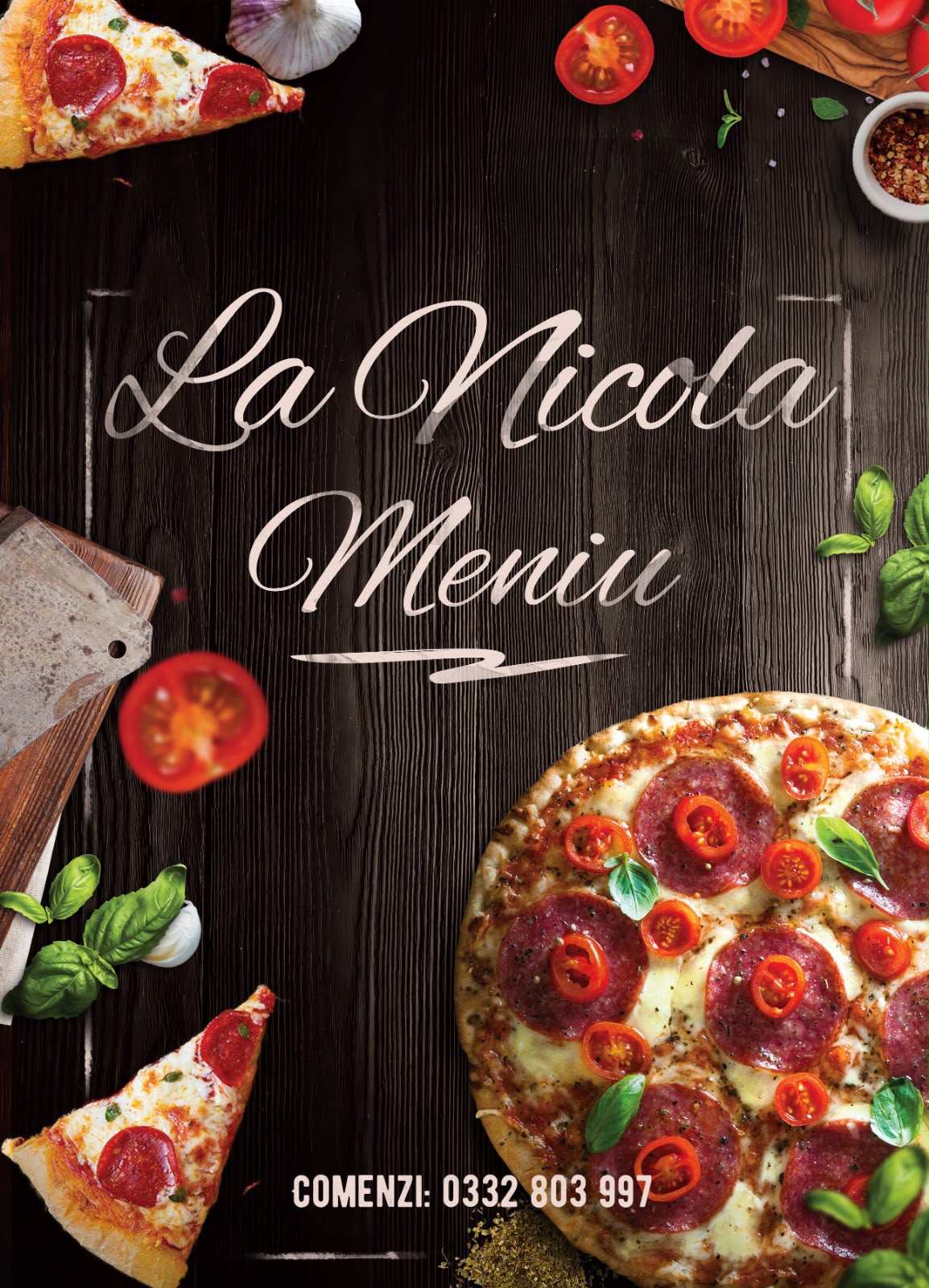 Coperta meniului Pizzeria La Nicola din Pascani, cu pizza proaspata pe blat de lemn