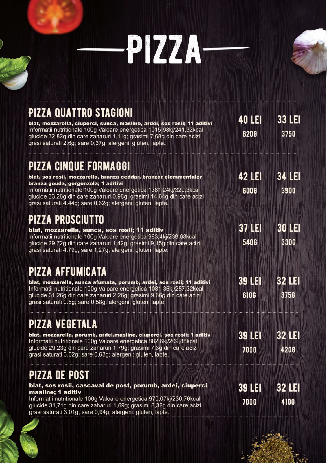 Sortimente de pizza la Pizzeria La Nicola din Pascani