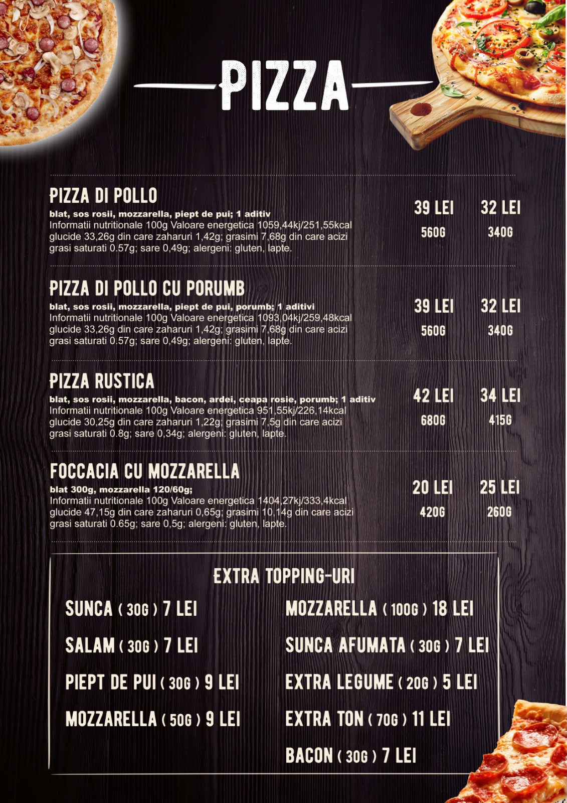 Meniu pizza si extra topping-uri Pizzeria La Nicola Pascani
