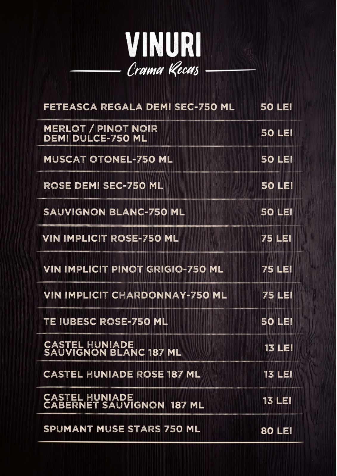 Lista de vinuri Crama Recas Pizzeria La Nicola Pascani